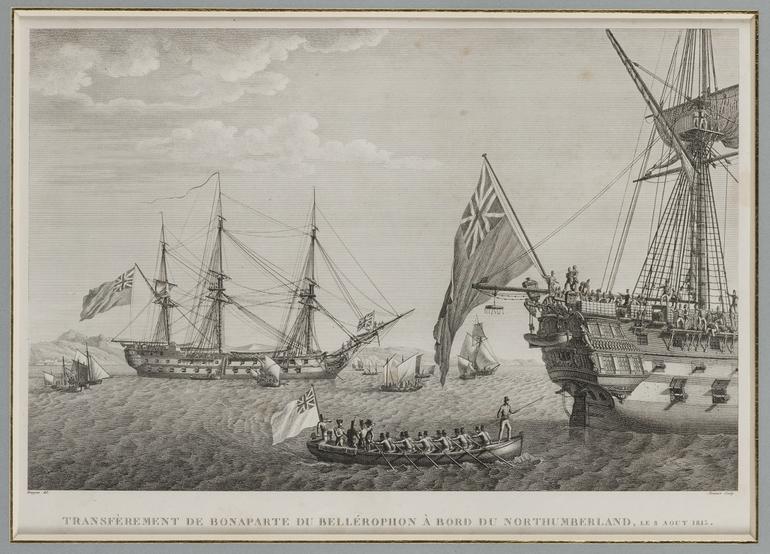 gravure montrant les deux navires anglais où Napoléon Bonaparte a transité avant de partir pour St Hélène en 1815